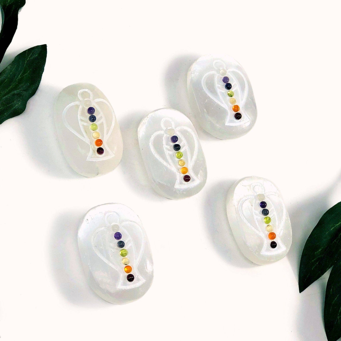 Crystal Selenite Palm Stones with Chakra Beads