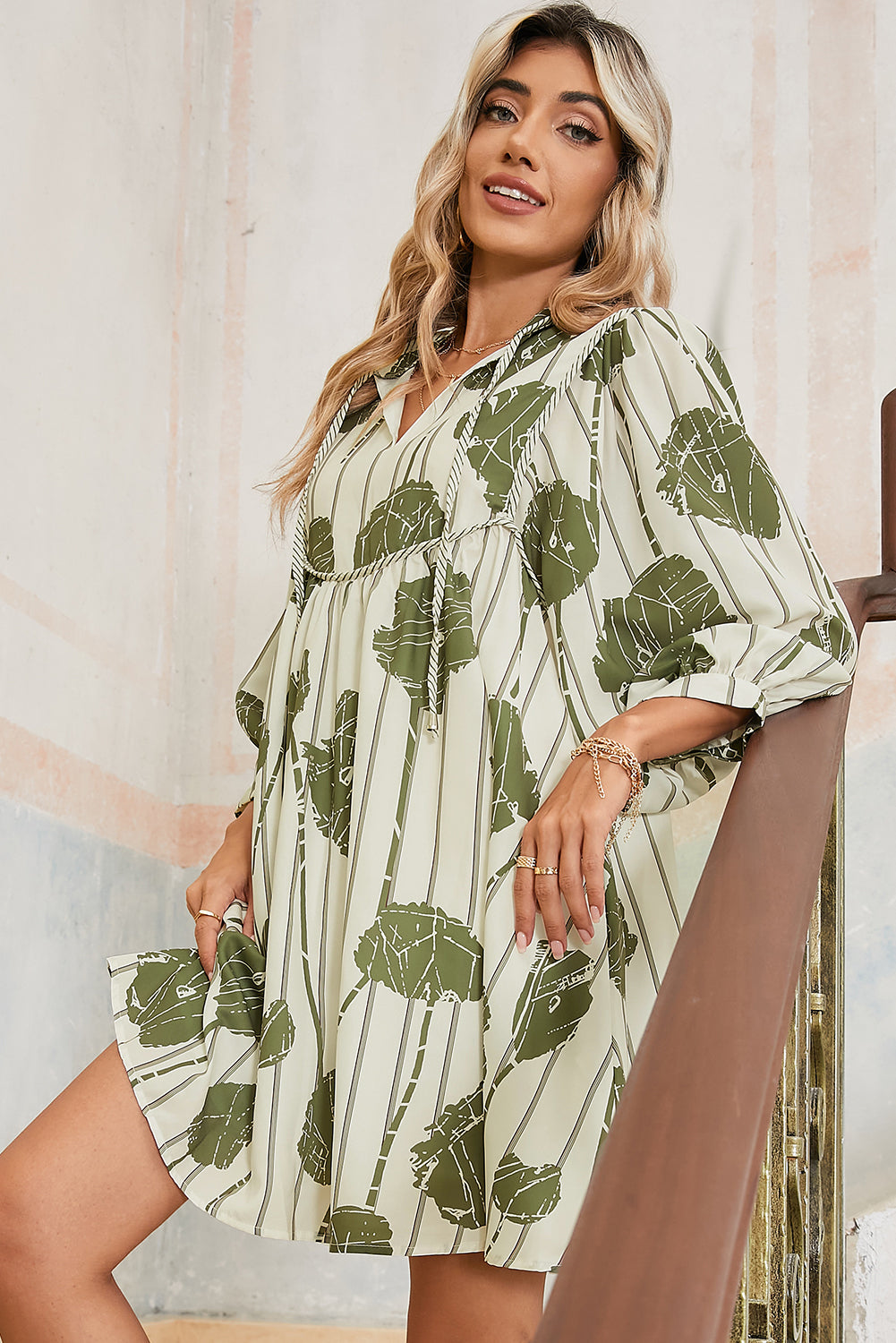 Abstract Print Striped V-Neck Mini Dress