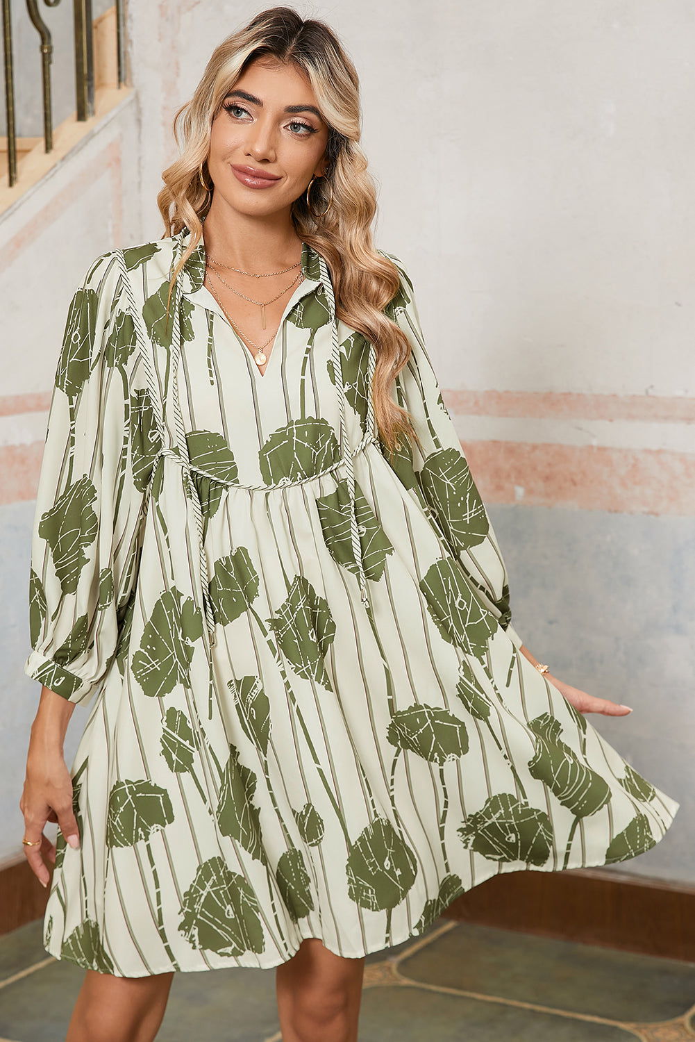 Abstract Print Striped V-Neck Mini Dress