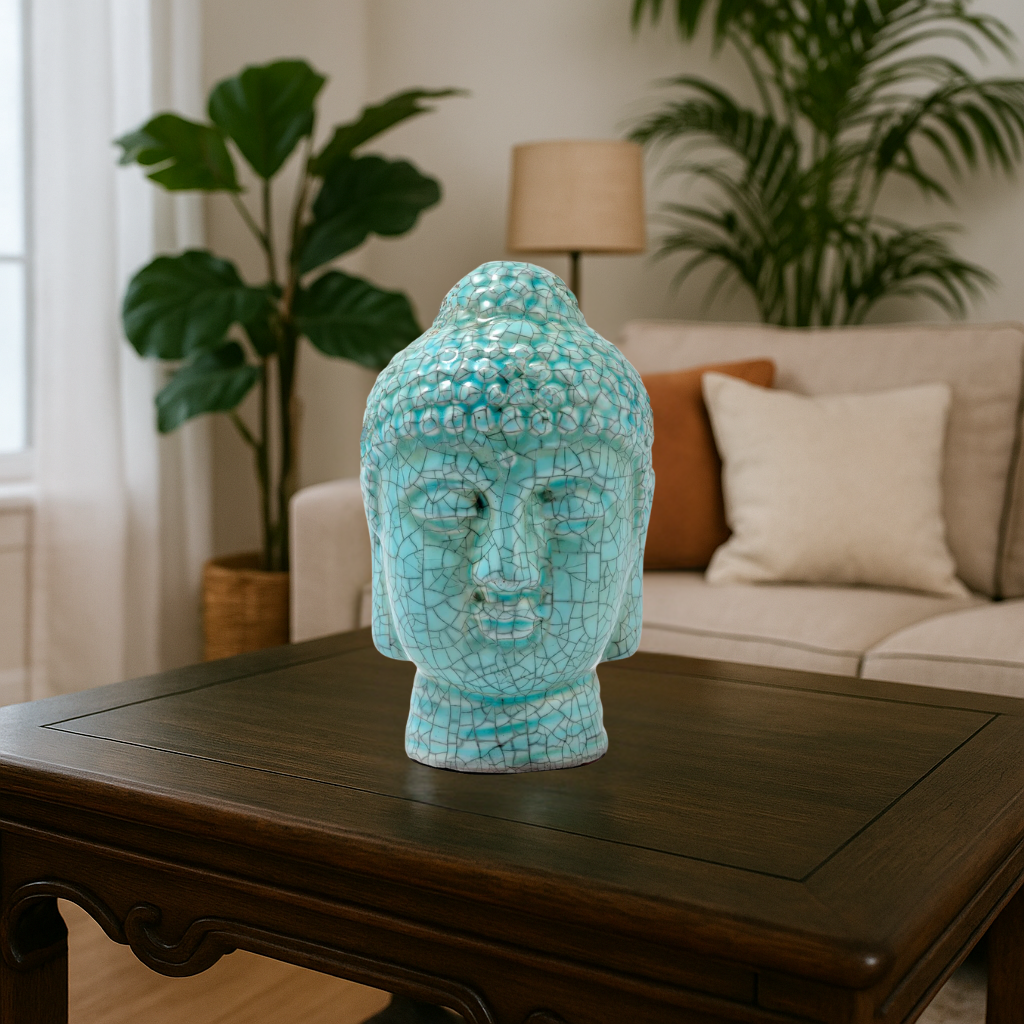 Blue Crackle-Finish Buddha Head