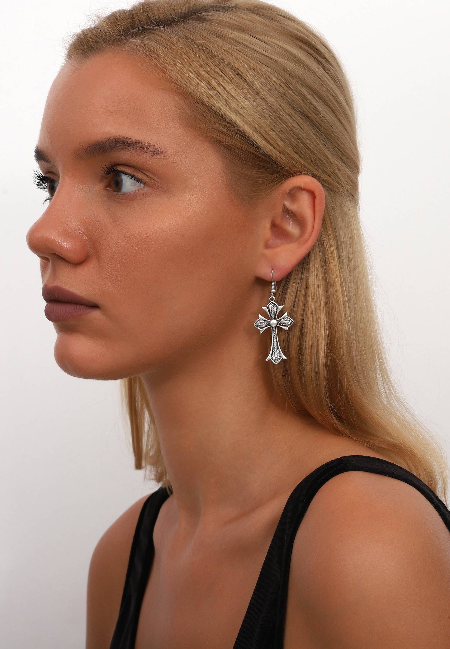 Antique Silver Plated Cross Earrings