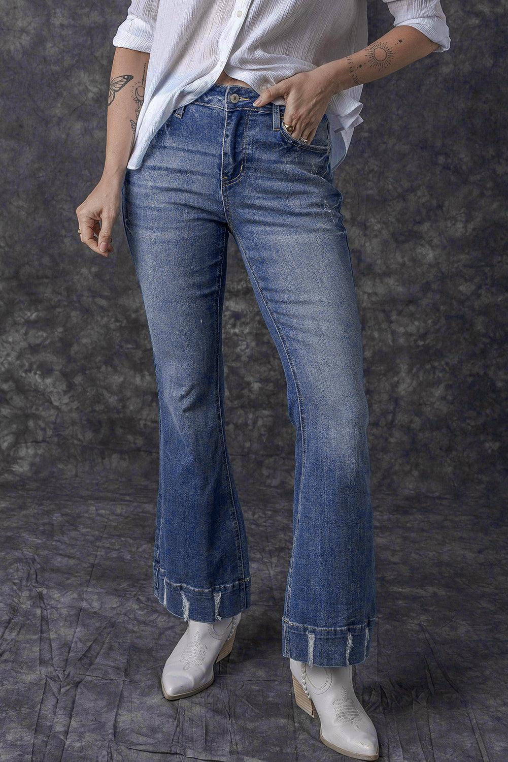 Slight Distressed Medium Wash Flare Jeans