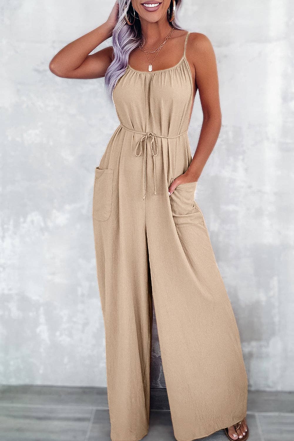 Apricot Waist Tie Wide Leg Jumpsuit with Pockets