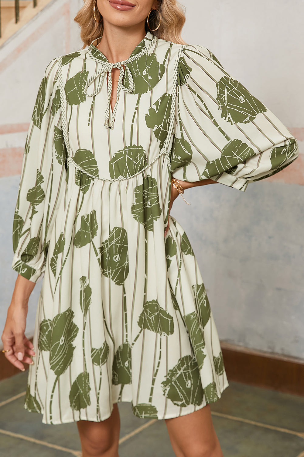 Abstract Print Striped V-Neck Mini Dress