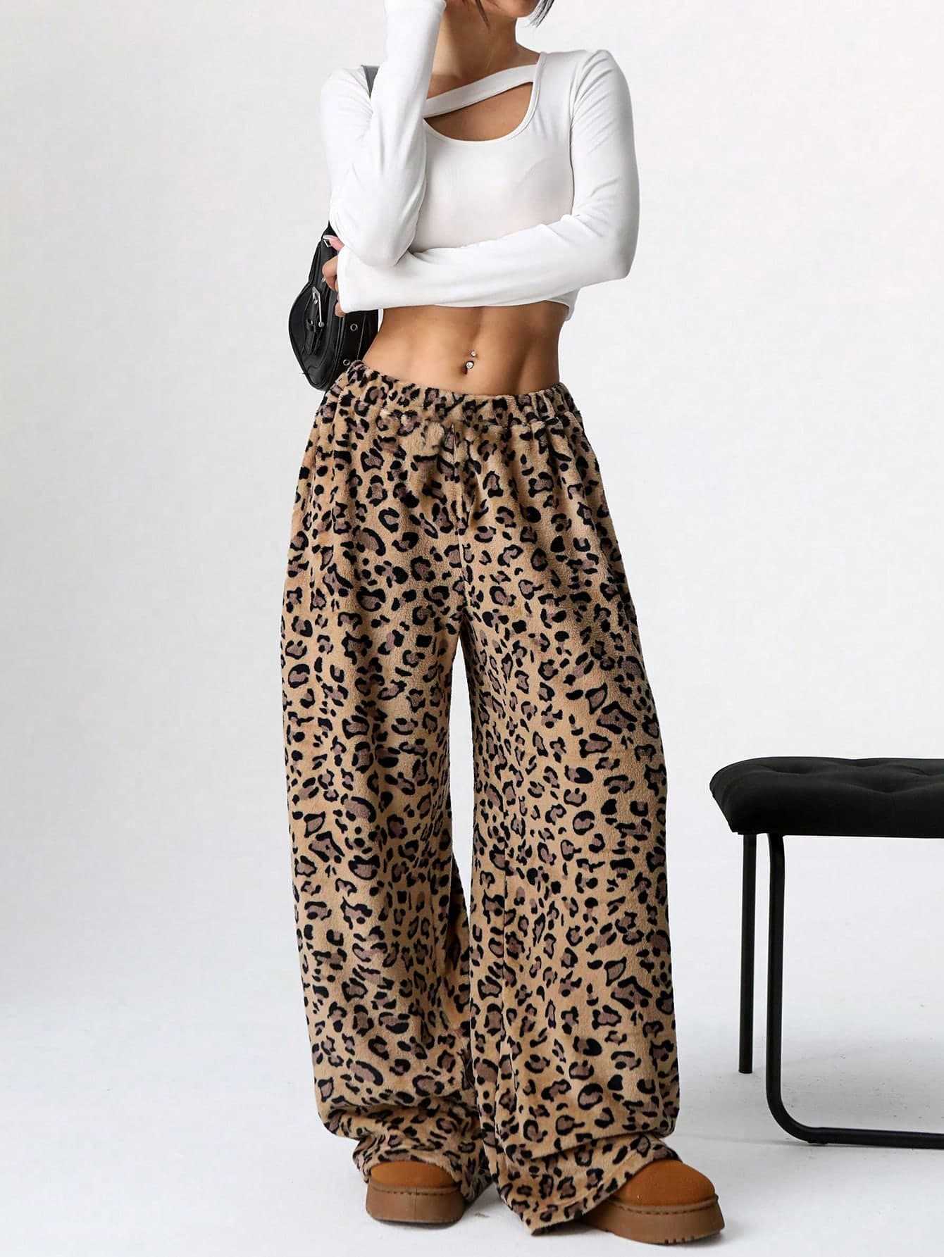 Leopard Plush Lounge wide leg trousers