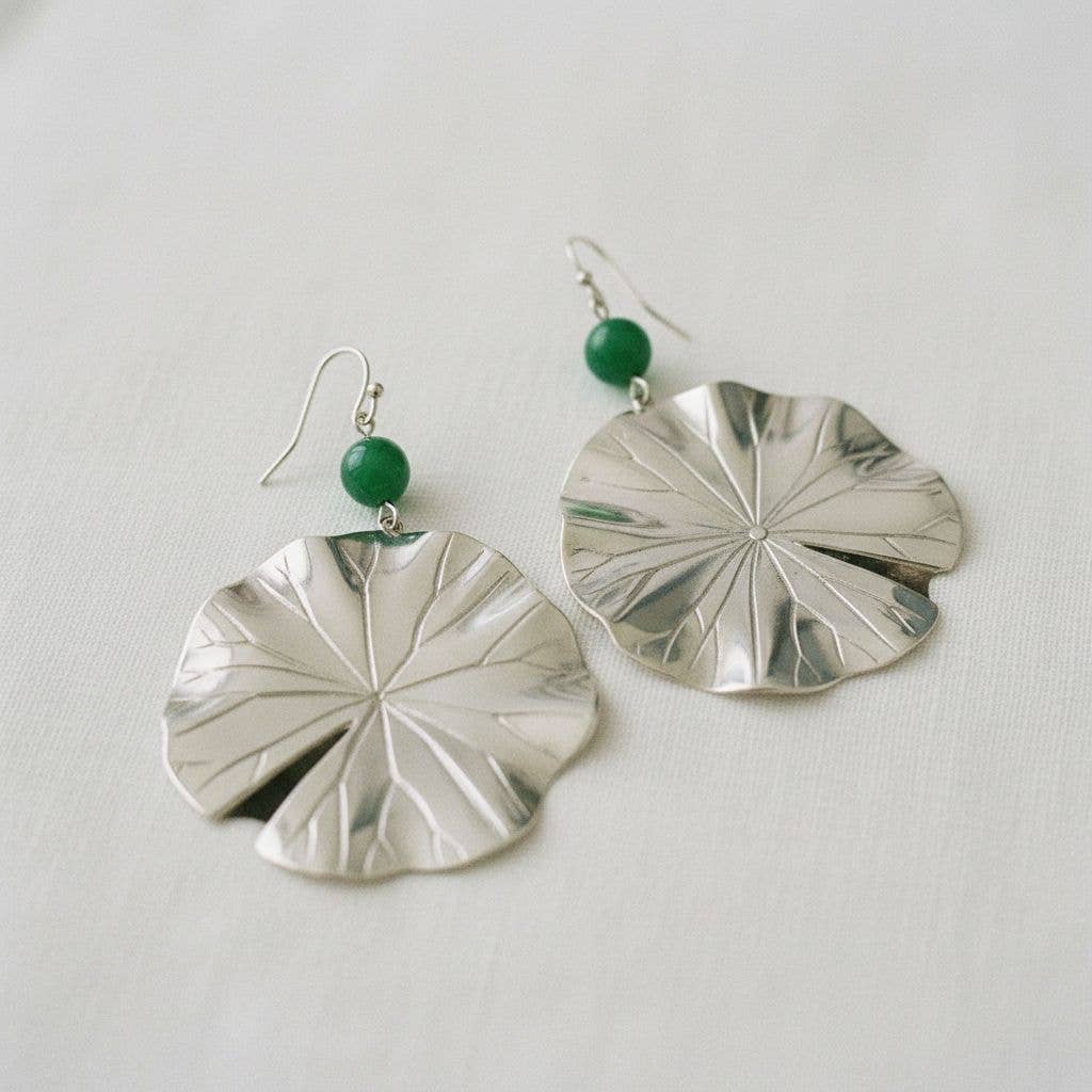 Vintage Green Agate Lotus Leaf Dangle Earrings