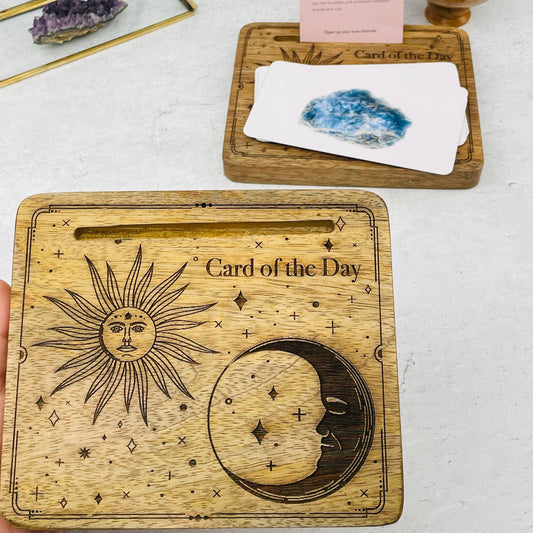 Crystal Wood Card Holder - Engraved Sun and Moon