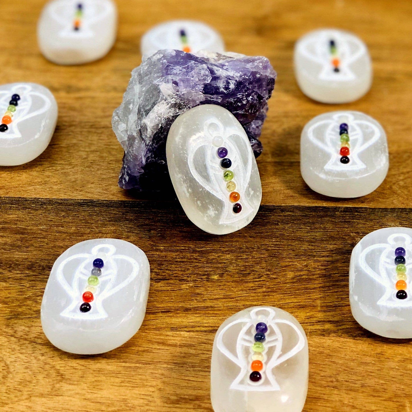 Crystal Selenite Palm Stones with Chakra Beads