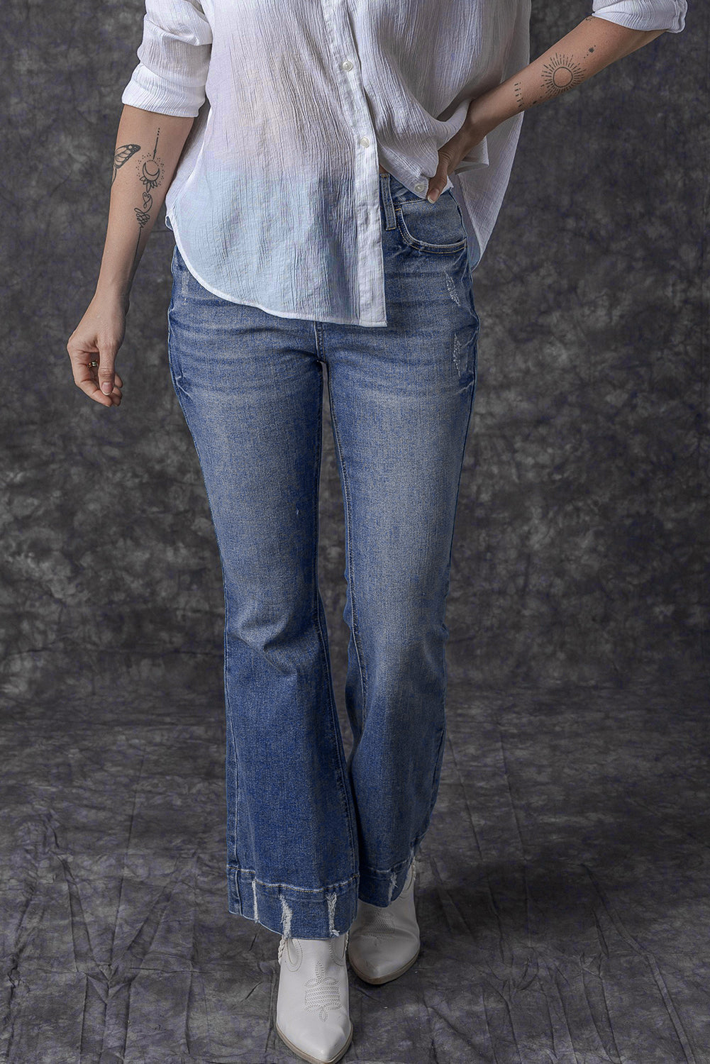 Slight Distressed Medium Wash Flare Jeans