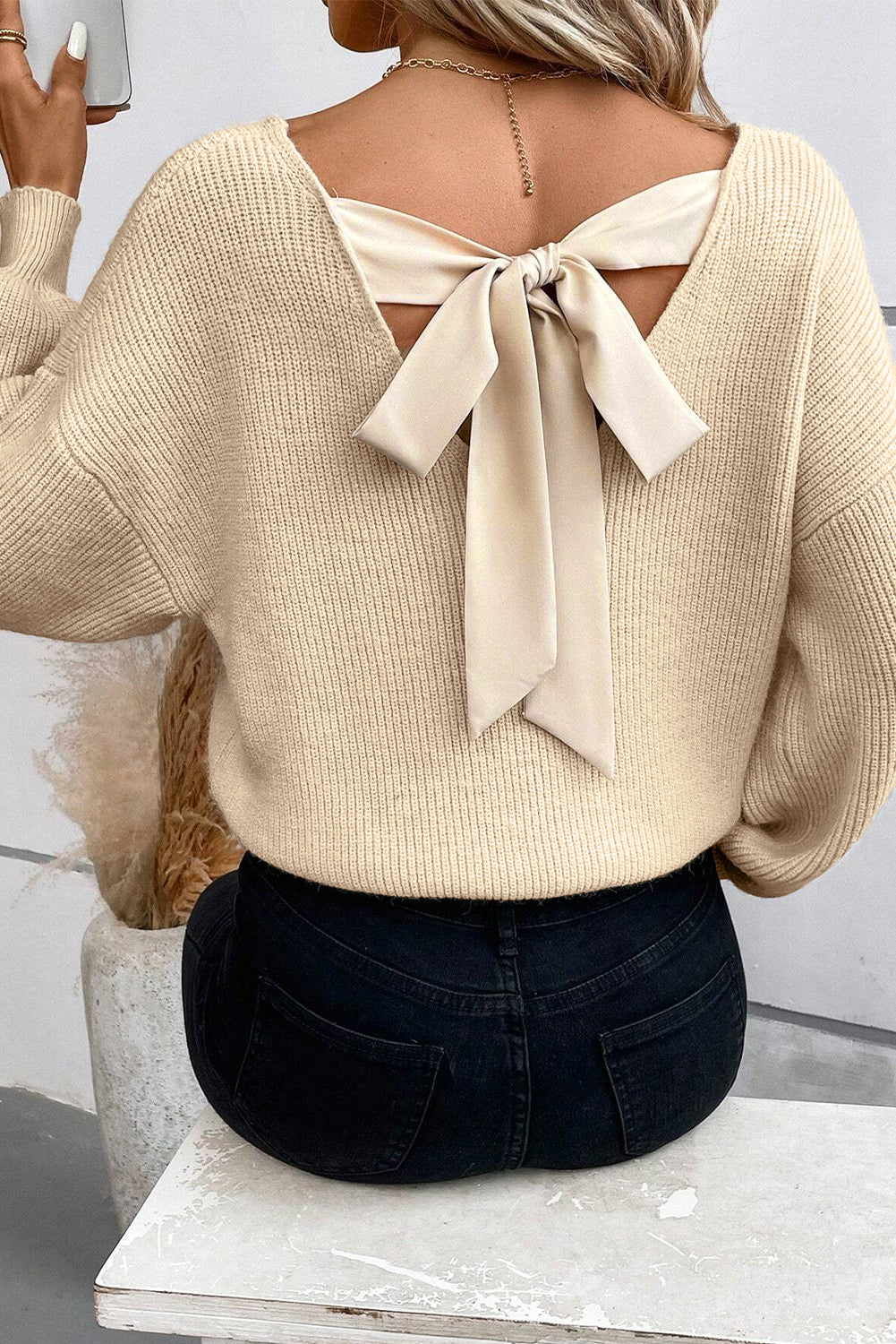 Lantern Sleeve V Neck Knot Back Sweater