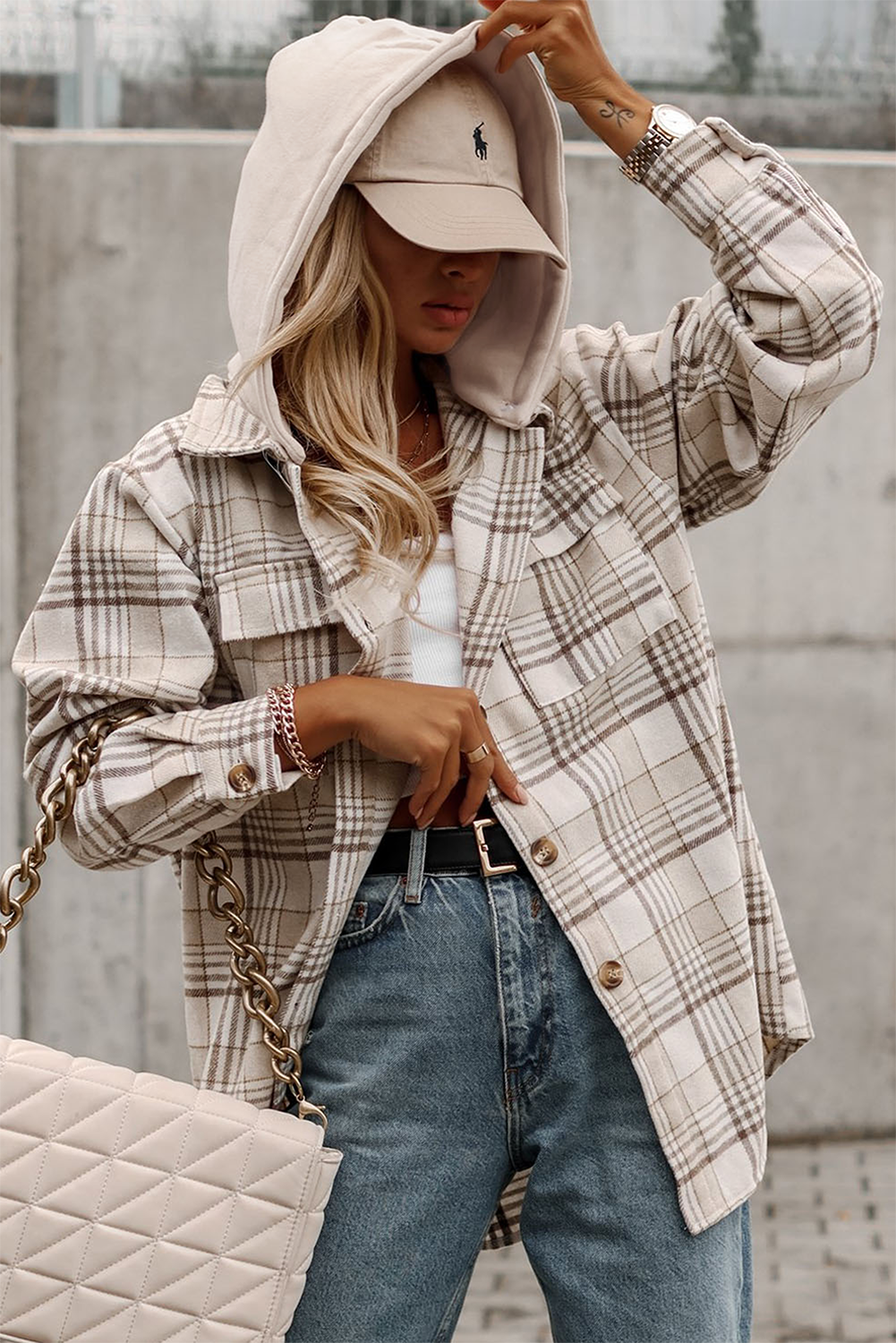 Khaki Plaid Buttoned Shacket