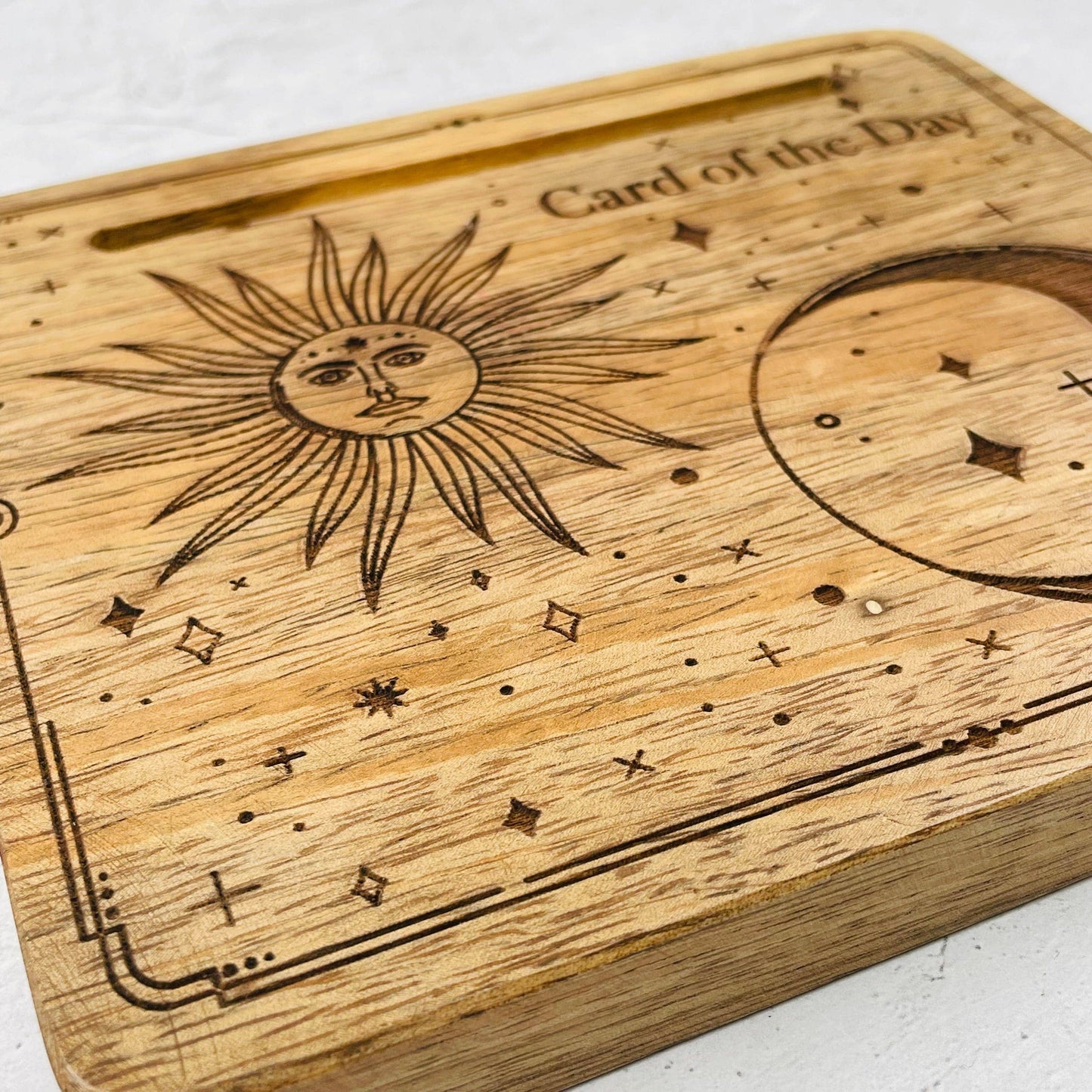 Crystal Wood Card Holder - Engraved Sun and Moon