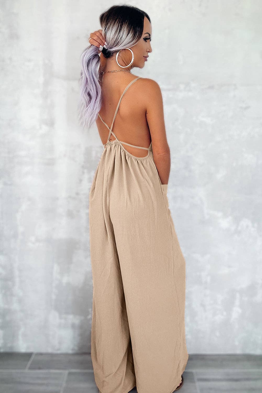 Apricot Waist Tie Wide Leg Jumpsuit with Pockets