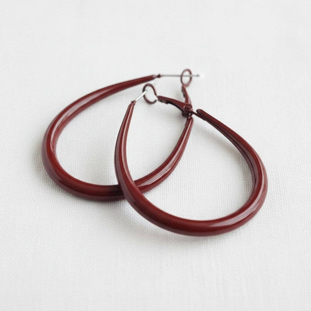 Vintage Inspired Red Oval Drop Hoop Earrings