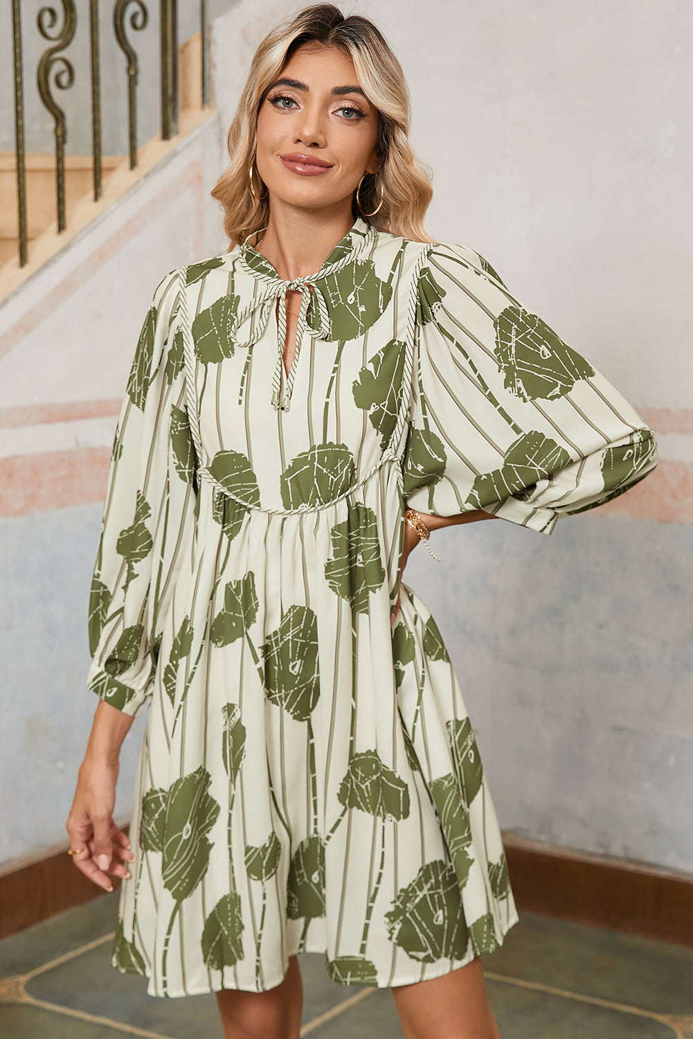 Abstract Print Striped V-Neck Mini Dress