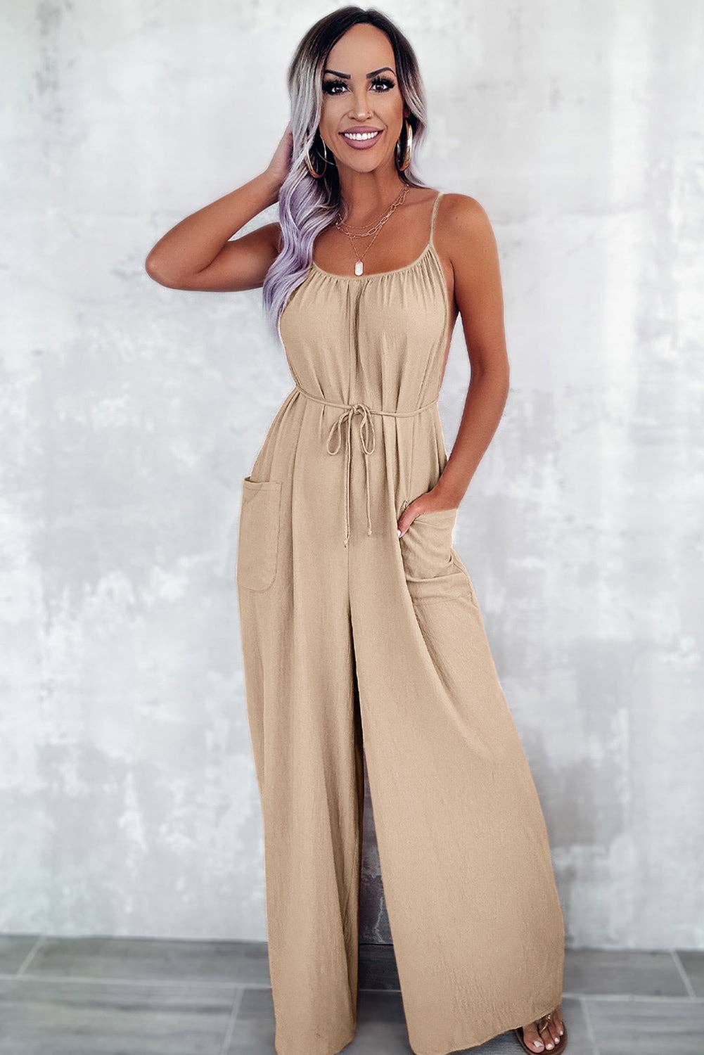 Apricot Waist Tie Wide Leg Jumpsuit with Pockets