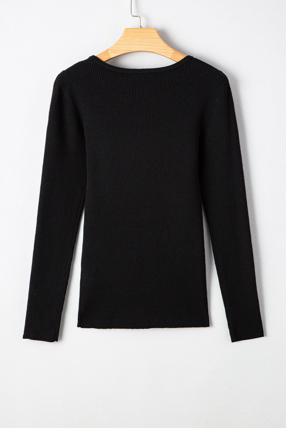 Black Ribbed Knit Cold Shoulder Plain Sweater