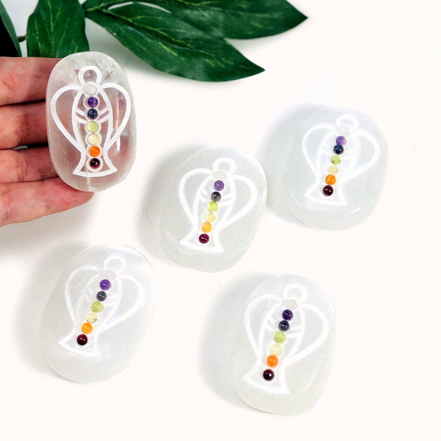 Crystal Selenite Palm Stones with Chakra Beads