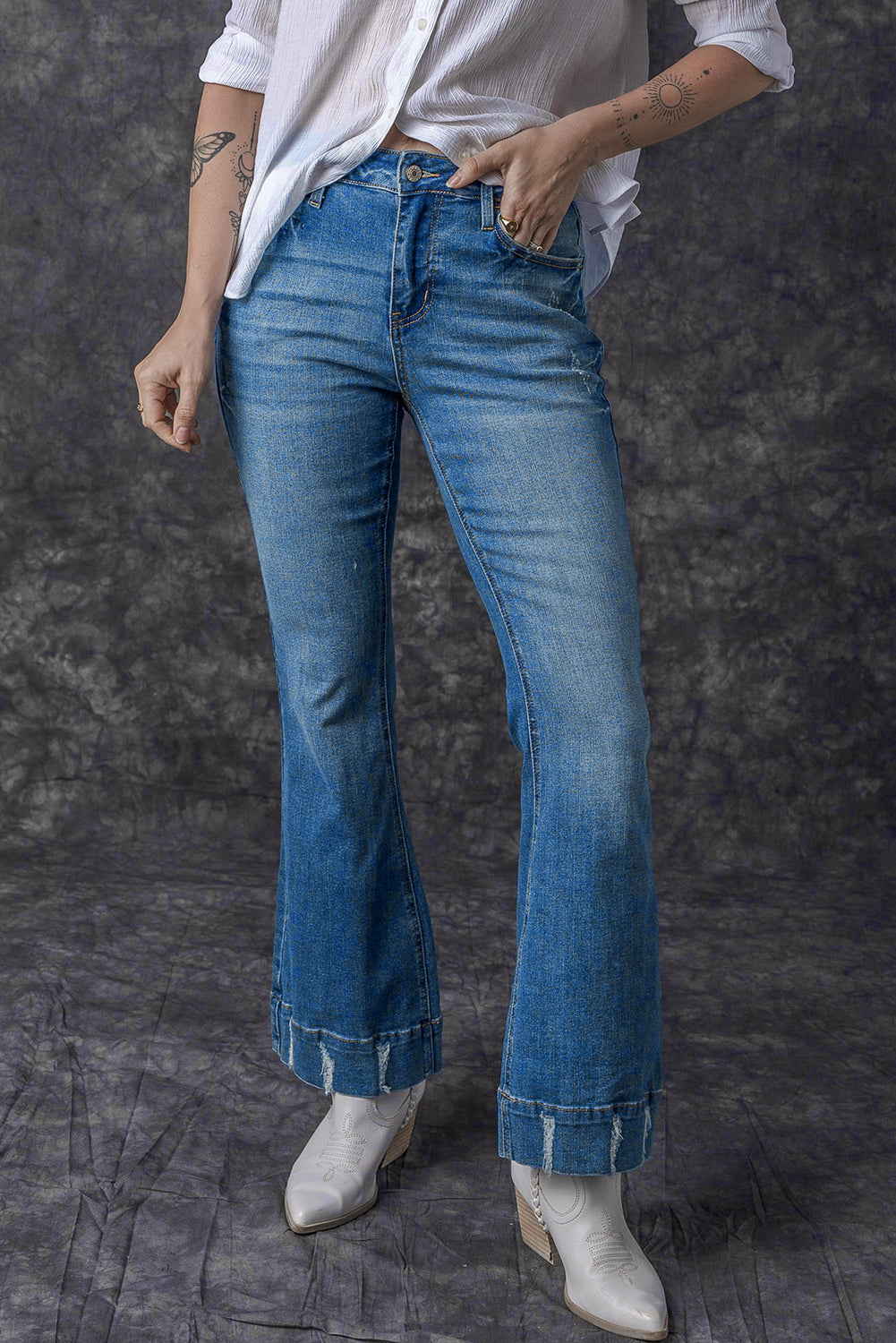 Slight Distressed Medium Wash Flare Jeans