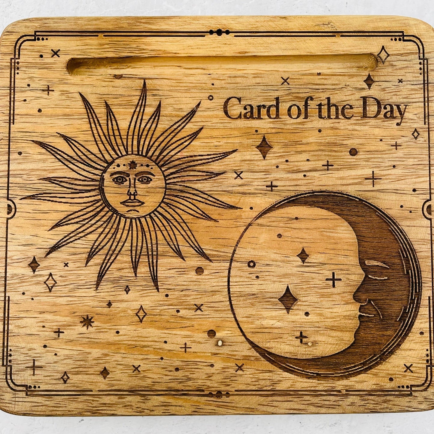 Crystal Wood Card Holder - Engraved Sun and Moon