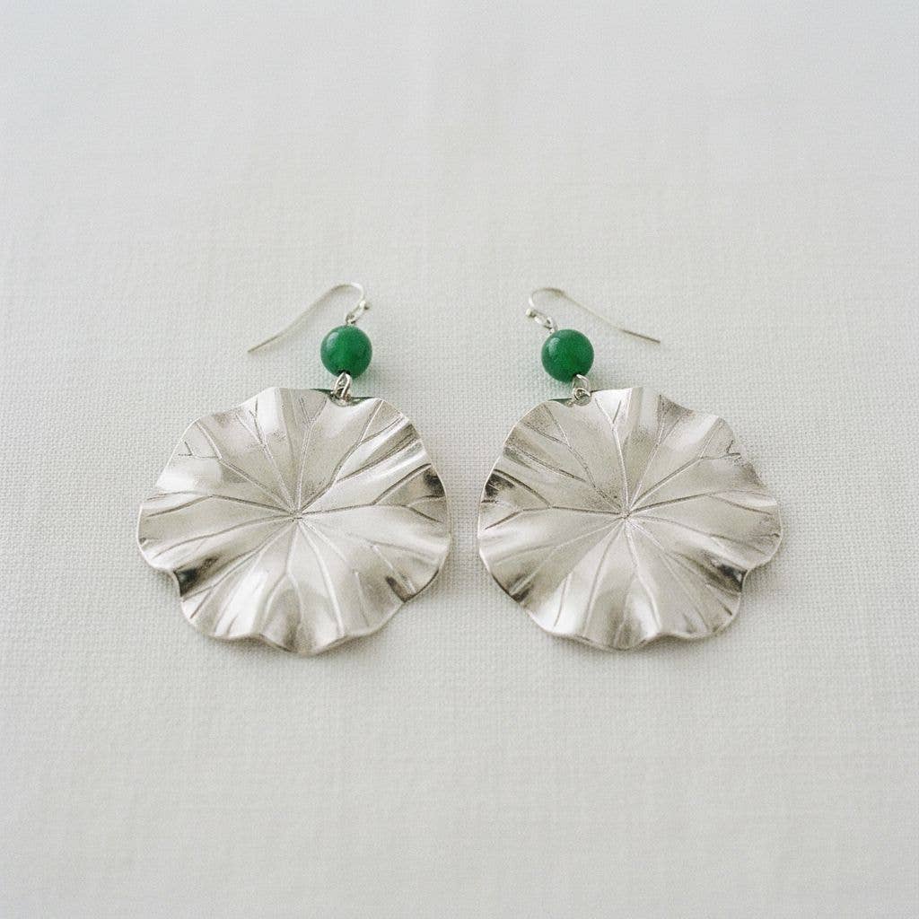 Vintage Green Agate Lotus Leaf Dangle Earrings