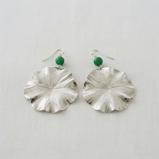 Vintage Green Agate Lotus Leaf Dangle Earrings